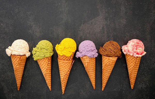 Various Ice Cream Flavor Cones Blueberry Green Tea Pistachio Almond — Stock Photo, Image