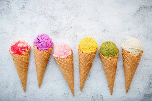 Various Ice Cream Flavor Cones Blueberry Pistachio Almond Orange Cherry — Stock Photo, Image