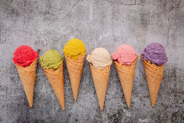 Various Ice Cream Flavor Cones Blueberry Green Tea Pistachio Almond — Stock Photo, Image