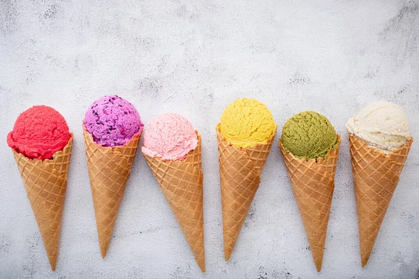 Various Ice Cream Flavor Cones Blueberry Pistachio Almond Orange Cherry — Stock Photo, Image