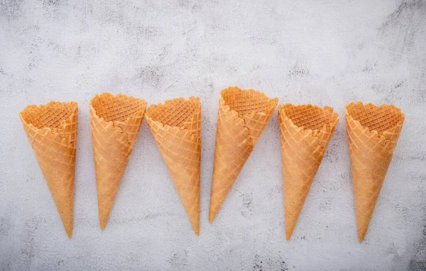 Flat Lay Ice Cream Cones Collection White Concrete Background Blank — Stock Photo, Image