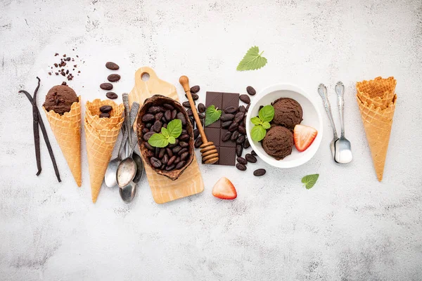 Chocolate Ice Cream Flavours Bowl Dark Chocolate Cacao Nibs Setup — Stock Photo, Image