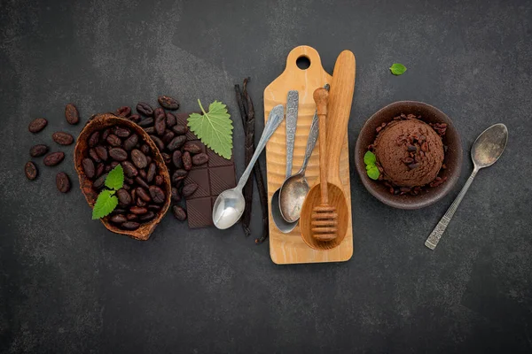 Γεύσεις Παγωτού Σοκολάτας Μπολ Μαύρη Σοκολάτα Και Cacao Nibs Setup — Φωτογραφία Αρχείου