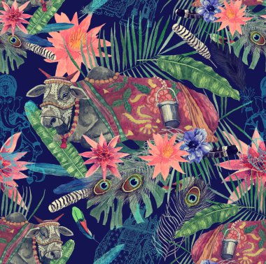 Hint inek, yapraklar, çiçekler ile sorunsuz suluboya el çizilmiş desen.