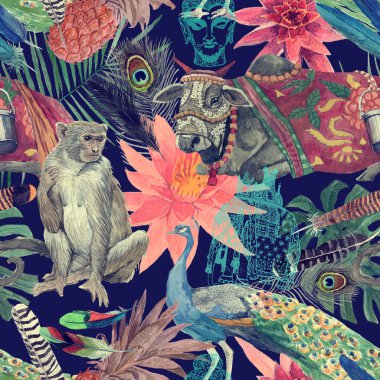 Hint inek, yapraklar, çiçekler ile sorunsuz suluboya el çizilmiş desen.