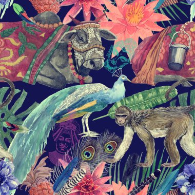 Hint inek, yapraklar, çiçekler ile sorunsuz suluboya el çizilmiş desen.