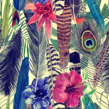 Yapraklar, çiçekler, tüyleri ile sorunsuz suluboya el çekilmiş seamless modeli.