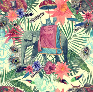 Fil, inek, yapraklar, çiçekler ile Seamless suluboya modeli.