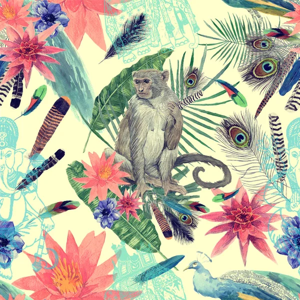 Senza soluzione di continuità acquerello disegno a mano con scimmia, foglie di pavone, fiori . — Foto Stock