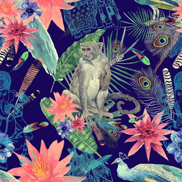 Безшовний акварельний візерунок ручної роботи з мавпою, листям павича, квітами . — стокове фото
