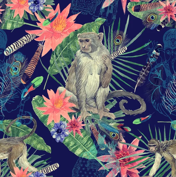 Senza soluzione di continuità acquerello disegno a mano con scimmie, foglie, fiori . — Foto Stock