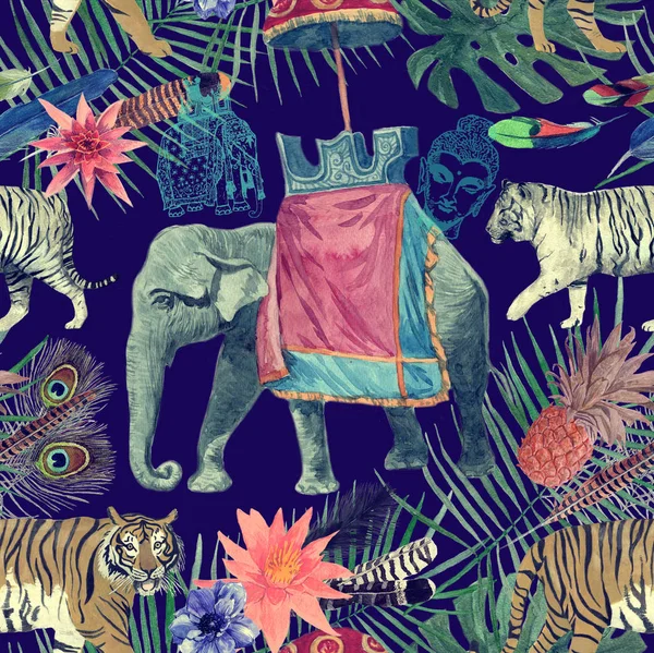 Sömlös akvarell mönster med elefanter, tigrar, blad, blommor. — Stockfoto