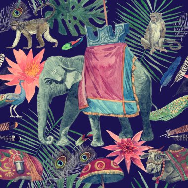 Fil, Dana, maymunları, tavus kuşu, ile Seamless suluboya modeli yapraklar, çiçekler.