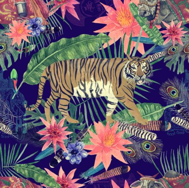 Yapraklar, çiçekler, kaplanlar inek ile Seamless suluboya modeli.