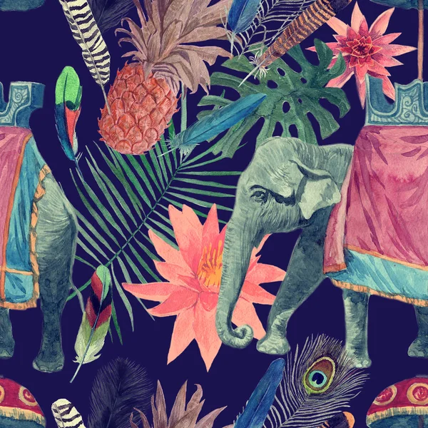 Naadloze aquarel patroon met olifant, bladeren, bloemen. — Stockfoto