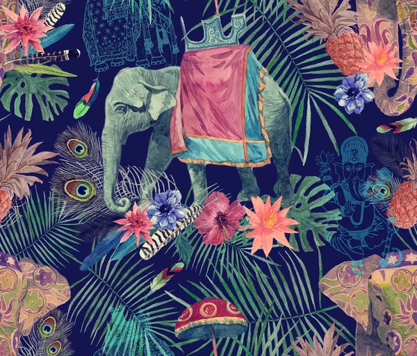 Modello acquerello esotico senza soluzione di continuità con elefanti, fiori, foglie, piume, ganesha . — Foto Stock