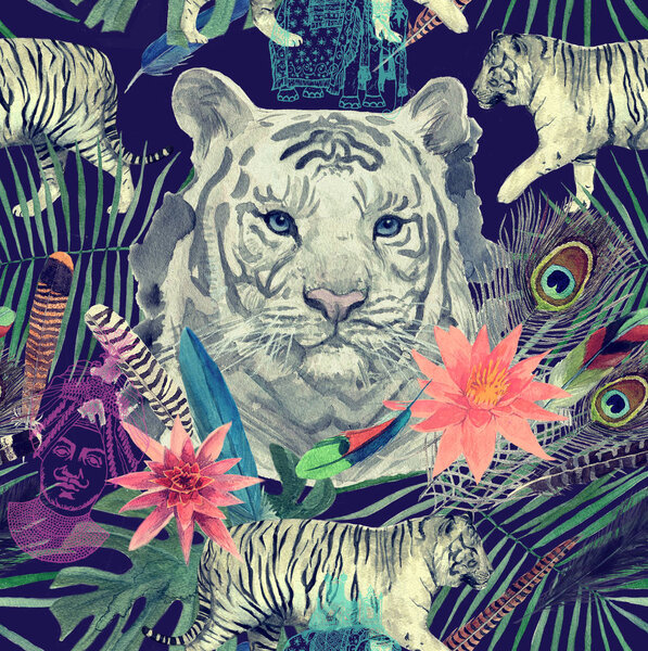 Бесшовный акварельный узор с листьями белых тигров, цветами
.