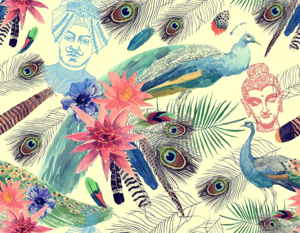 与孔雀, 树叶, 花朵, 佛头, 王公的无缝水彩图案. — 图库照片