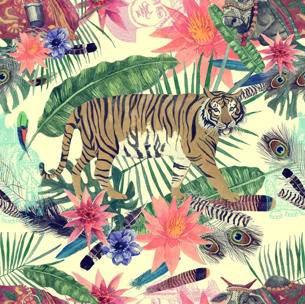 Seamless watercolor pattern with leaves, flowers, tigers cows.