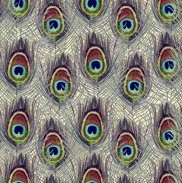 Seamless Watercolor Vintage Pattern Peacock Feathers — Stock Photo, Image