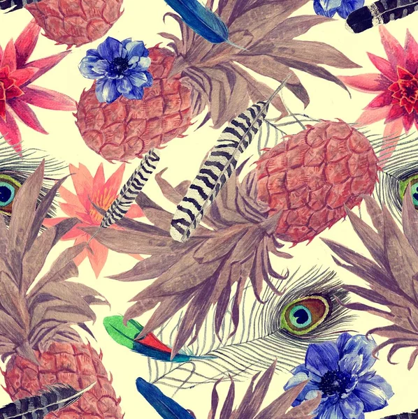 Seamless watercolor pattern with pineapples, leaves, flowers.