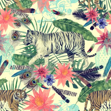 Kaplanlar, yapraklar, çiçekler ile Dikişsiz suluboya vintage desen