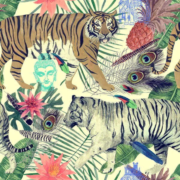 Sömlös Akvarell Vintage Mönster Med Tigrar Blad Fjädrar — Stockfoto
