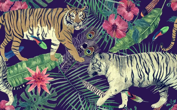 Bezproblémové Akvarel Vintage Vzor Tygry Listy Květiny — Stock fotografie