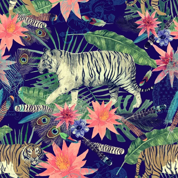 Zökkenőmentes Akvarell Vintage Minta Tigrisek Levelek Virágok — Stock Fotó