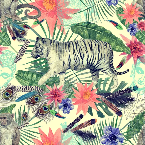 Бесшовный Акварельный Рисунок Тиграми Обезьянами Листьями Цветами — стоковое фото