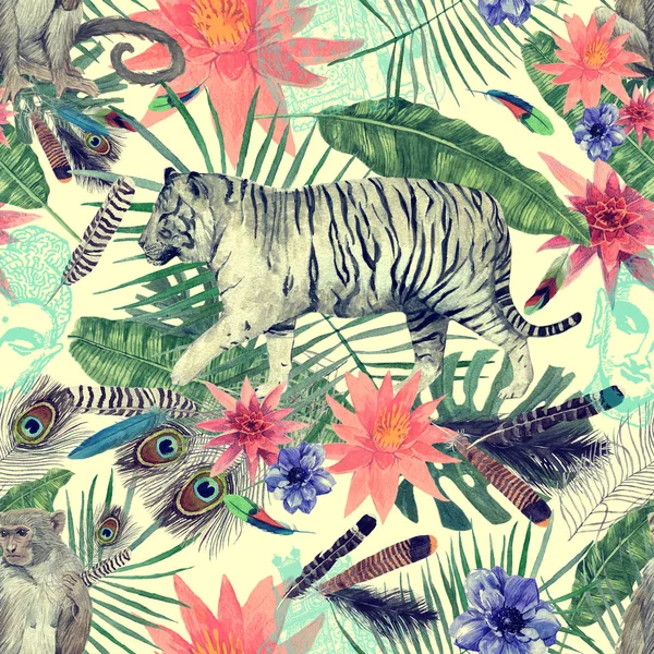 Padrão Vintage Sem Costura Aquarela Com Tigres Macacos Folhas Flores — Fotografia de Stock