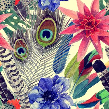 Yapraklar, çiçekler, tüyleri ile sorunsuz suluboya el çekilmiş seamless modeli.