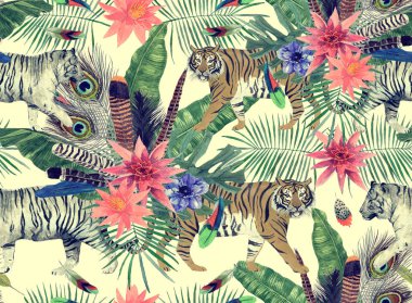 Kaplanlar, yapraklar, çiçekler ile Seamless suluboya modeli.