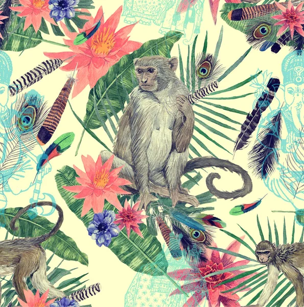 Aquarelle sans couture motif dessiné à la main avec des singes, feuilles, fleurs . — Photo