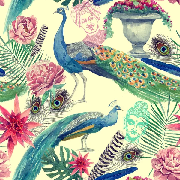 Seamless watercolor pattern with peacocks. Hand drawn . — Stock Photo, Image