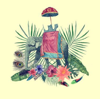 Suluboya elle çizilmiş illüstrasyon fil, yapraklar, çiçekler, tüyleri ile.