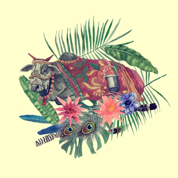 Ручна намальована акварельна ілюстрація індійської корови, листя, квіти, пір'я . — стокове фото