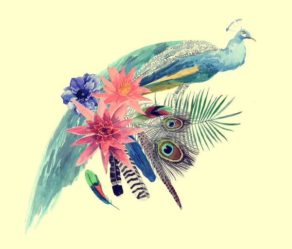 Tavuskuşu yapraklar, çiçekler, tüyleri ile çizilmiş Hnd suluboya çizimi.