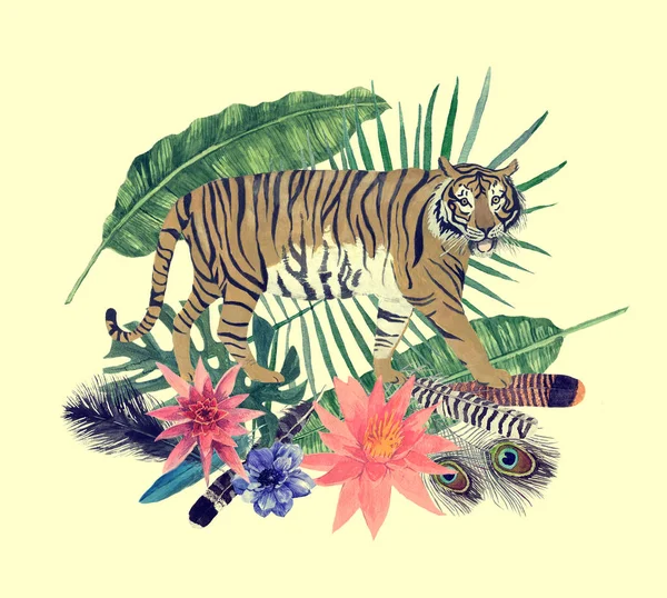 Hand drawn vintage watercolor illustration with tiger, feathers, flowers, leaves. — Stock Photo, Image