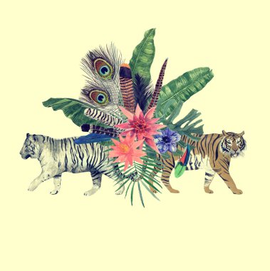 Kaplanlar, yapraklar, çiçekler ile elle çizilmiş suluboya resim.