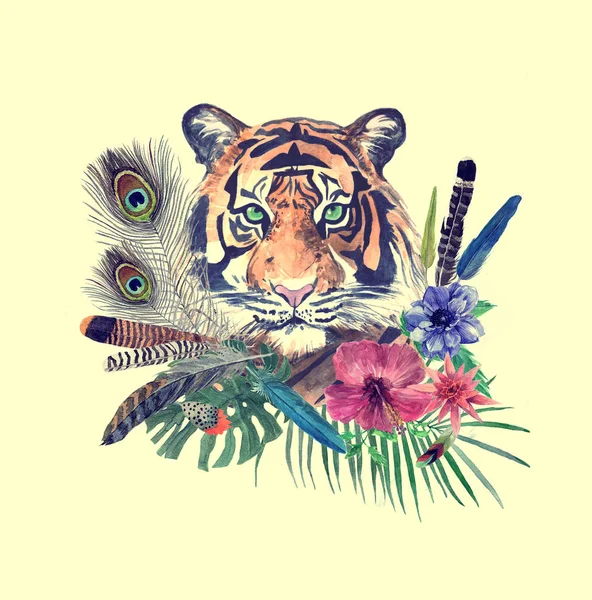 Kézzel rajzolt watecolor minta a tigris fejét, levelek, tollak, virágok. — Stock Fotó