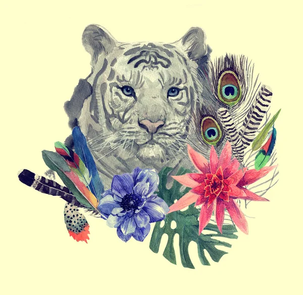 Patrón de cabeza de tigre estilo indio vintage con plumas, flores y hojas. Acuarela ilustración dibujada a mano . —  Fotos de Stock