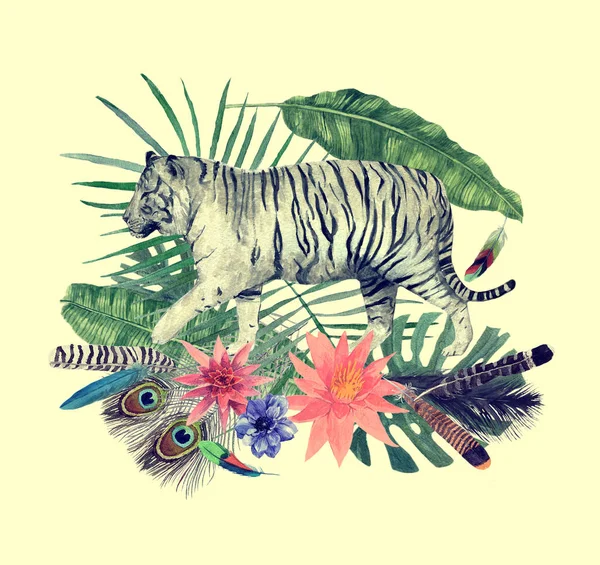 Ilustración acuarela dibujada a mano con flores, tigres, hojas . — Foto de Stock