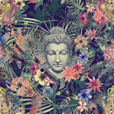 Dikişsiz el çekilmiş suluboya desenle Buda kafa, ganesha, çiçekler, yapraklar, tüyler, çiçekler.