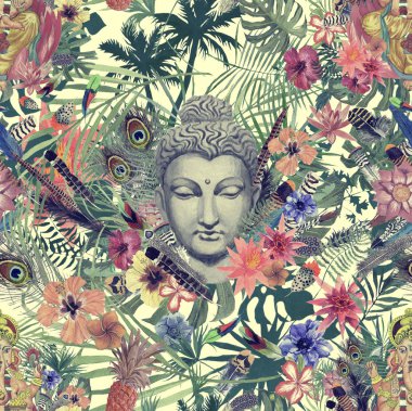 Dikişsiz el çekilmiş suluboya desenle Buda kafa, ganesha, çiçekler, yapraklar, tüyler, çiçekler.