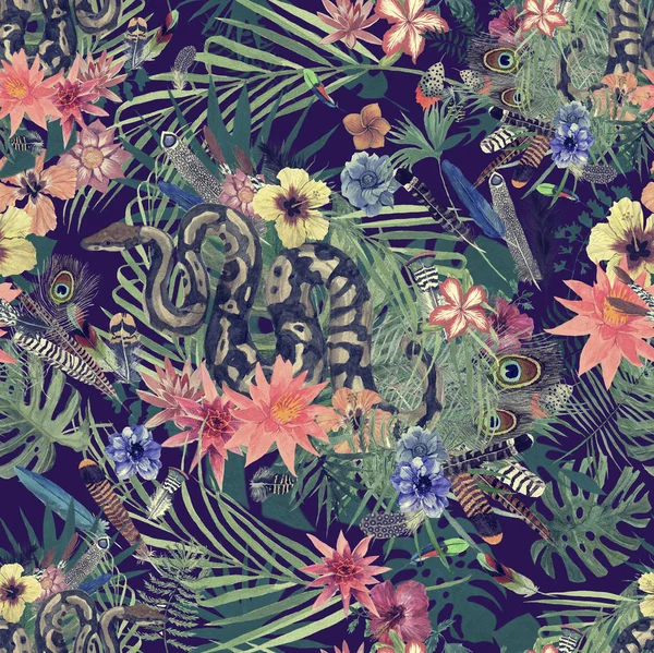 Boa, çiçekler, tüyler suluboya desenle Dikişsiz el çekilmiş.