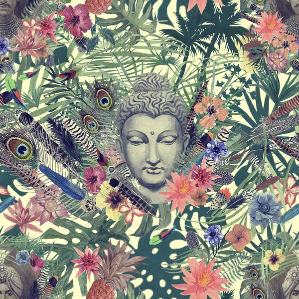 Безшовний малюнок рукою акварелі з головою Будди, махараджа, квітами, пір'ям, долонями . — стокове фото