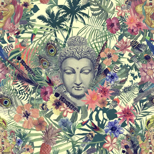 Безшовний малюнок рукою акварельний візерунок з головою Будди, ганеша, квіти, листя, пір'я, квіти . — стокове фото