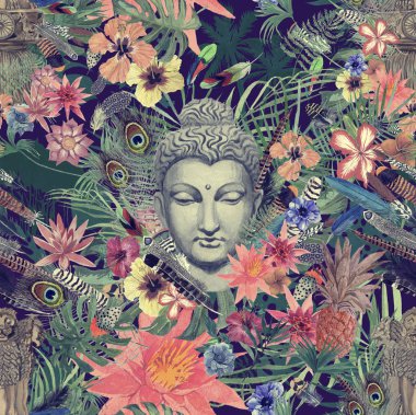 Dikişsiz el çekilmiş suluboya desenle Buda kafa, ganesha, çiçekler, yapraklar, tüyler, çiçekler.