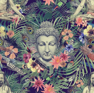 Dikişsiz el çekilmiş suluboya desenle Buda kafa, yogi, çiçekler, yapraklar, tüyler, çiçekler.